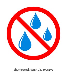 Sin signo de agua en fondo blanco. Señal prohibida de caída de agua. No hay gota de agua. Ilustración de material vectorial.