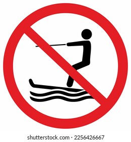 No water skiing, red circle sign, vector icon. Person on water ski, black silhouette on white background.
