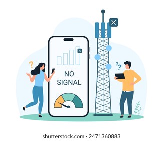 No or weak, offline internet signal, error of connection with telecommunication antenna, wifi router. Tiny people with lost or bad signal on speedometer of phone screen cartoon vector illustration