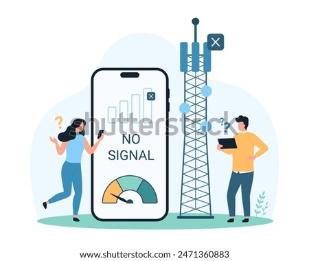 No or weak, offline internet signal, error of connection with telecommunication antenna, wifi router. Tiny people with lost or bad signal on speedometer of phone screen cartoon vector illustration
