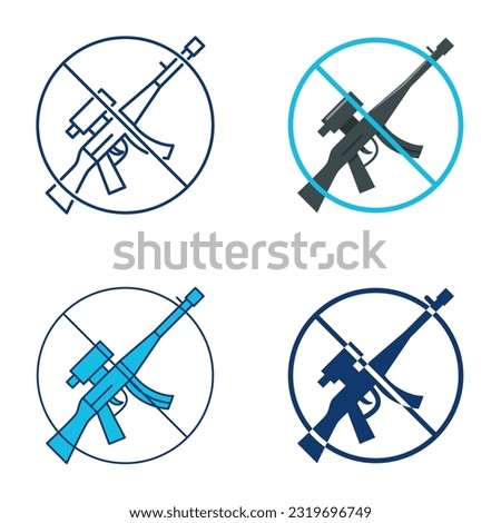 No weapon icon set in flat and line style. Gun not allowed, rifle with forbidden sign. Vector illustration.