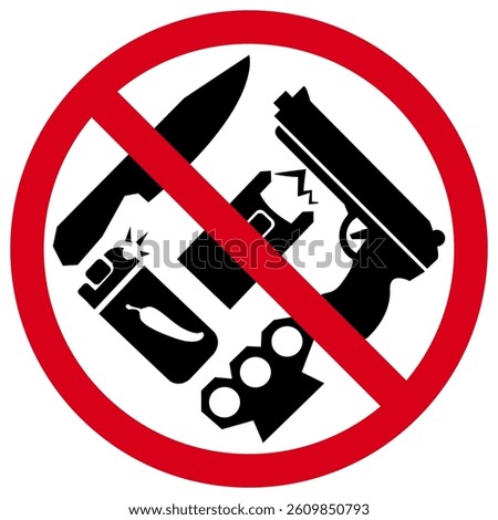 no weapons allowed sign on white background, vector illustration. Gun and knife, pepper spray and electric shock are prohibited. Round crossed-out sign.