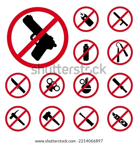No weapons or dangerous items, red round prohibitory signs on vector set