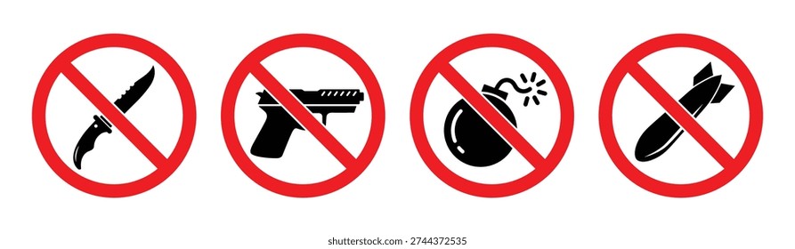 No weapons prohibited signs set, No knife, gun, bomb, missile forbidden warning signs vector illustration