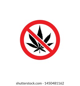 No weed allowed sticker, red circle with marijuana leaf symbol crossed out. Restricted cannabis use area or forbidden drug warning sign, isolated flat icon vector illustration on white background