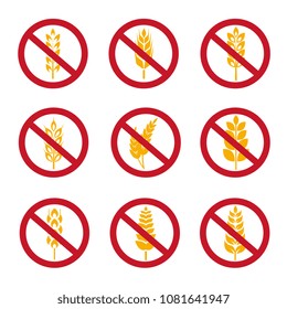 No wheat ears vector icons. Gluten free grains icons isolated on white