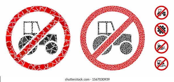 No wheel tractor mosaic of trembly elements in variable sizes and color tinges, based on no wheel tractor icon. Vector rough elements are composed into collage.