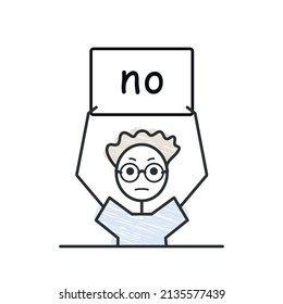 no white banner pessimistic negative answer vector doodle boy character hold poster