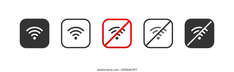 No wi fi icon in red square, wi fi zone. Wireless internet signal symbol, Outline flat and colored vector illustration.
