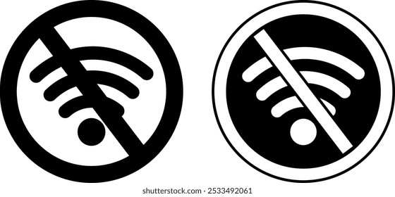 Sem Sinais De Sinal Wi-Fi. Gráficos vetoriais em preto e branco. Adesivo Proibindo Internet Wi-Fi