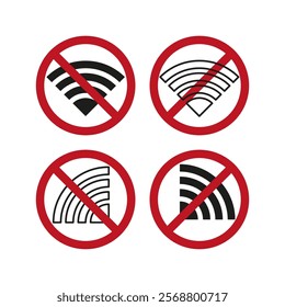 No Wi Fi signs. Red prohibition circles. Wireless signal restriction. Internet block symbols.