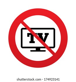 No Widescreen TV sign icon. Television set symbol. Red prohibition sign. Stop symbol. Vector