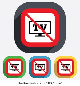 No Widescreen TV sign icon. Television set symbol. Red square prohibition sign. Stop flat symbol. Vector