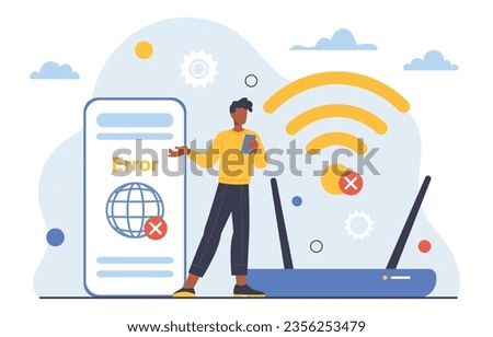 No wifi connection concept. Man near broken wi fi router. Young guy without internet. Online and digital technology, wireless device. Modern technologies and gadgets. Cartoon flat vector illustration