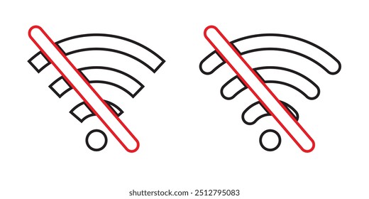 Sem ícone Wi-Fi, logotipo, símbolo, ícone de rede sem fio com linha de ataque. Sem ícone wi-fi, símbolo de sinal. Vetor sem fio, silhueta. Sem sinal de comunicação, símbolo. Ilustração vetorial.