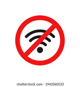 No wifi icon. Red ban circle sign. Prohibition wireless network pictogram. No internet concept.  Wireless technology symbol. Vector isolated on white background