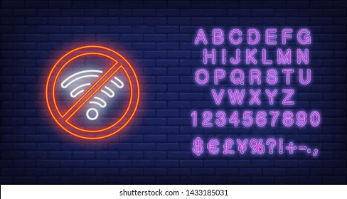 No wi-fi neon sign. Wireless network signal on brick background. Night bright advertisement. Vector illustration in neon style for connection, internet, technology