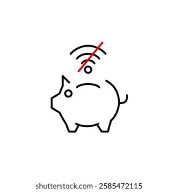 No wi-fi and piggybank. Offline savings. Financial operations outside of digital world. Pixel perfect, editable stroke vector icon