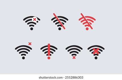 No wifi set in style. Internet network. Mobile phone vector. Global network connection concept. Online communication concept. Vector illustration design black and red color no internet