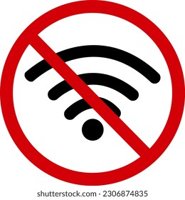 No wifi sign. Prohibition sign, no wifi zone. Red crossed circle. Wifi is not allowed. Round red stop wifi sign.