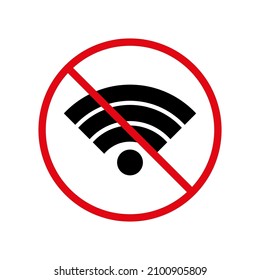 No wifi sign. Red circle. Prohibition sign. Connection concept. Logo design. Simple art. Vector illustration. Stock image. 