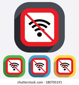 No Wifi sign. Wi-fi symbol. Wireless Network icon. Wifi zone. Red square prohibition sign. Stop flat symbol. Vector