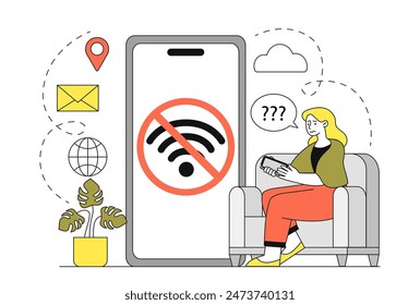 Kein WiFi-Signalkonzept. Traurige Frau sitzt in der Nähe von Smartphone mit schlechter Internetverbindung. Junge Mädchen mit Problemen mit der drahtlosen Verbindung. Flache lineare Vektorillustration auf weißem Hintergrund