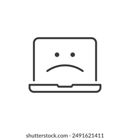 no wifi signal linear icon, no internet connection, page not found, sad broken laptop computer character, isolated linear vector illustration