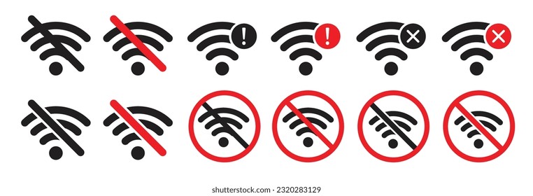 No wifi signal vector icon set in black and red color. Internet service ban icon. Network connection error sign. Connection lost symbol. 