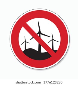 Sin turbinas eólicas. Prohibición o no de generadores eólicos o parques eólicos, signo de prohibición, sobre fondo blanco. Ilustración vectorial. Archivo vectorial Eps 10.