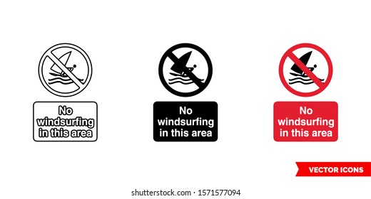 No windsurfing in this area prohibitory sign icon of 3 types: color, black and white, outline. Isolated vector sign symbol.