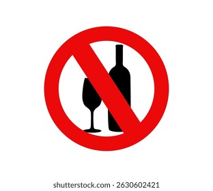 No wine sign vector icon. Prohibition symbol and wine bottle silhouette. Alcohol Prohibited vector design and illustration. 
