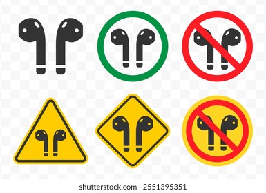 No Wireless earphones icon symbol. Ear buds not allowed logo sign. Cordless earbuds ban prohibition forbidden. Vector illustration. Isolated on white background.