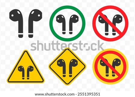 No Wireless earphones icon symbol. Ear buds not allowed logo sign. Cordless earbuds ban prohibition forbidden. Vector illustration. Isolated on white background.