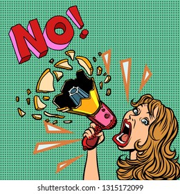 no. woman with megaphone protest policy. Comic cartoon pop art retro vector illustration drawing