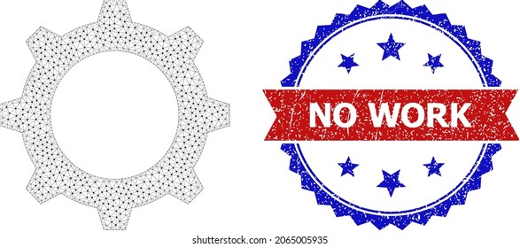 No Work dirty seal print, and gear icon mesh model. Red and blue bicolored stamp seal includes No Work title inside ribbon and rosette. Abstract flat mesh gear, designed with polygonal grid.