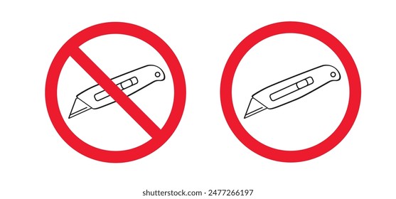 No work knives, do not disassemble, prohibition. Retractable blade, cutter knife. No need to install by tool. Work, school tools. Retractable blades. Utility knife or jackknife. Forbidden red symbol. 