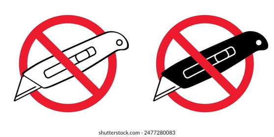 No work knives, do not disassemble, prohibition. Retractable blade, cutter knife. No need to install by tool. Work, school tools. Retractable blades. Utility knife or jackknife. Forbidden red symbol. 