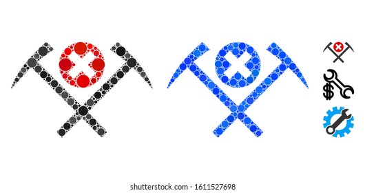 No work mosaic of round dots in variable sizes and color tints, based on no work icon. Vector dots are composed into blue mosaic. Dotted no work icon in usual and blue versions.