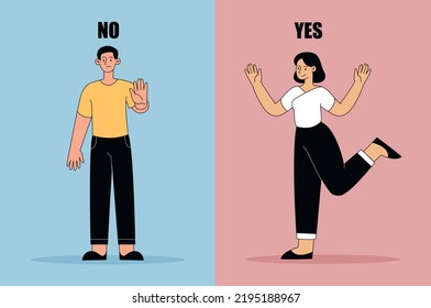 No or yes. Man refuses, and woman agrees. Decision making, choice, evaluation. Emotions, feelings, expression and gestures. Contrast reactions, happy and unhappy. Cartoon flat vector illustration