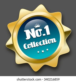 No.1 collection seal or icon with crown symbol. Glossy golden seal or button with stars and turquoise color.