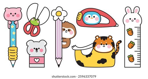 No1.Set of cute animals cartoon in stationery.School and office product.Pig,frog,koala bear,tiger,sloth,penguin,rabbit hand drawn.Kawaii.Vector.Illustration.