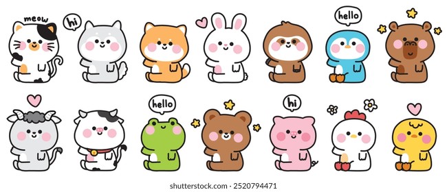 No1.Set of cute animals greeting pose sit on white background.Pet,rodent,wild,mammals,reptile animals.Cartoon character hand drawn.Kawaii.Vector.Illustration.