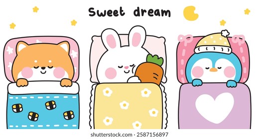 No1.Set of cute animals sleeping on pillow and stay under blanket bed.Night.Dream.Shiba inu dog,rabbit,penguin hand drawn.Cartoon character.Kawaii.Vector.Illustration.