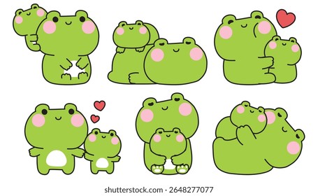 No1.Set of cute mom frog and baby frog in various poses.Mother day.Love.Heart.Reptile animal character cartoon design.Kawaii.Vector.Illustration.