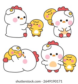 No1.Set of cute mom hen and baby chicken in various poses.Mother day.Love.Fried egg.Farm bird animal character cartoon design.Kawaii.Vector.Illustration.