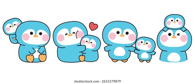No1.Set de pinguim mãe bonito e bebê em vários poses.Mãe dia.Amor.Ártico,polar,polo norte.Pássaro personagem animal desenho animado.Kawaii.Vetor.Ilustração.