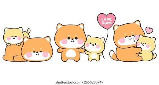 No1.Set of cute mom shiba inu dog and baby in various poses.Mother day.Love.Heart.Japanese pet animal character cartoon design.Kawaii.Vector.Illustration.