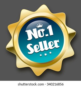 No.1 seller seal or icon with crown symbol. Glossy golden seal or button with stars and turquoise color.