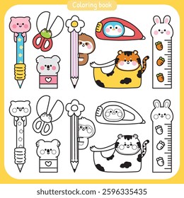 No1.Coloring book.Set of cute animals cartoon in stationery.School and office product.Pig,frog,koala bear,tiger,sloth,penguin,rabbit hand drawn.Painting book.Kawaii.Vector.Illustration.